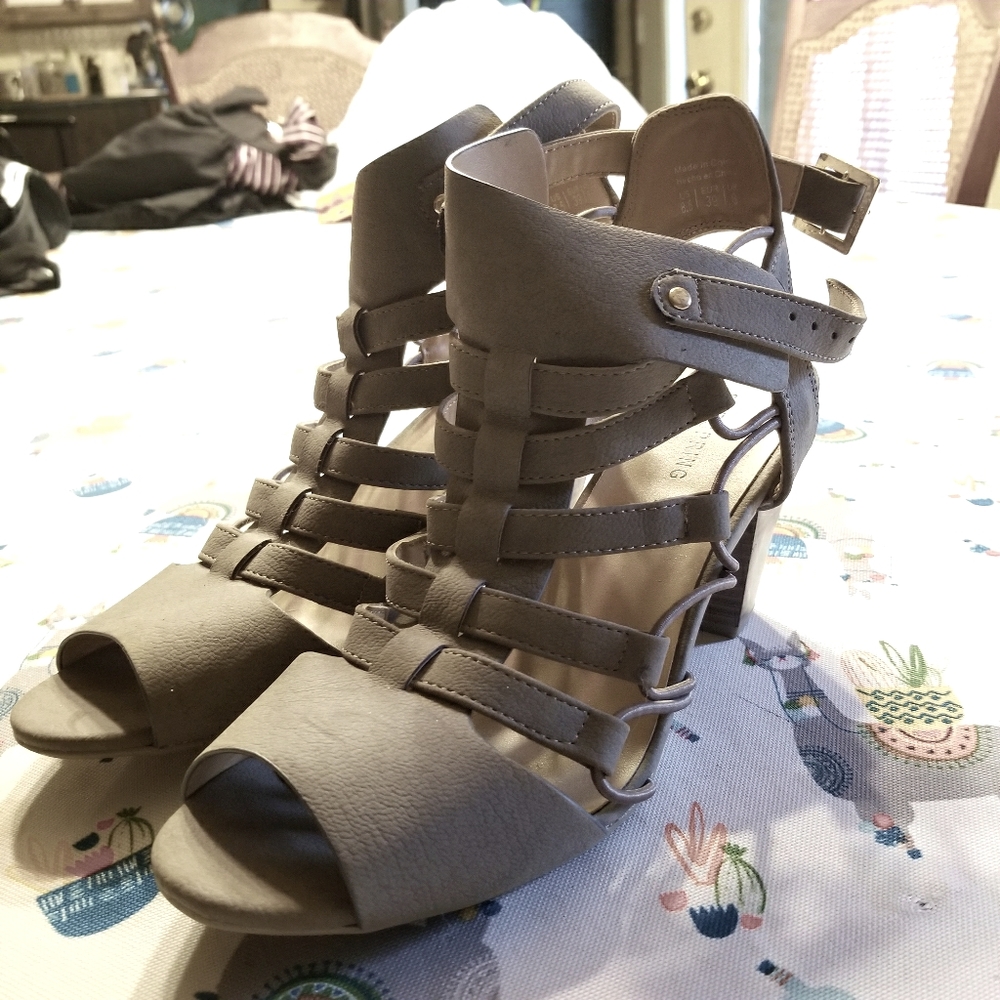 Grey open toed ankle boots